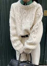 Loose White Thick Cotton Knit Cable Sweaters Winter