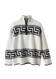 Loose White Turtleneck Print Knit Zippered Cashmere Top Long Sleeve