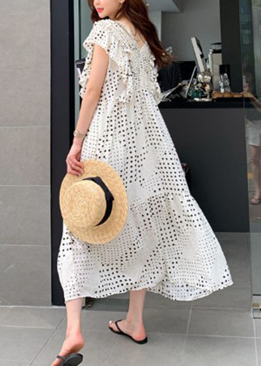 Loose White V Neck Asymmetrical Patchwork Wrinkled Dot Maxi Dress Short Sleeve