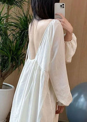 Loose White V Neck Cinched Backless Maxi Dress Long Sleeve