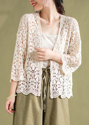 Loose White V Neck Hollow Out Knit Cardigan Summer