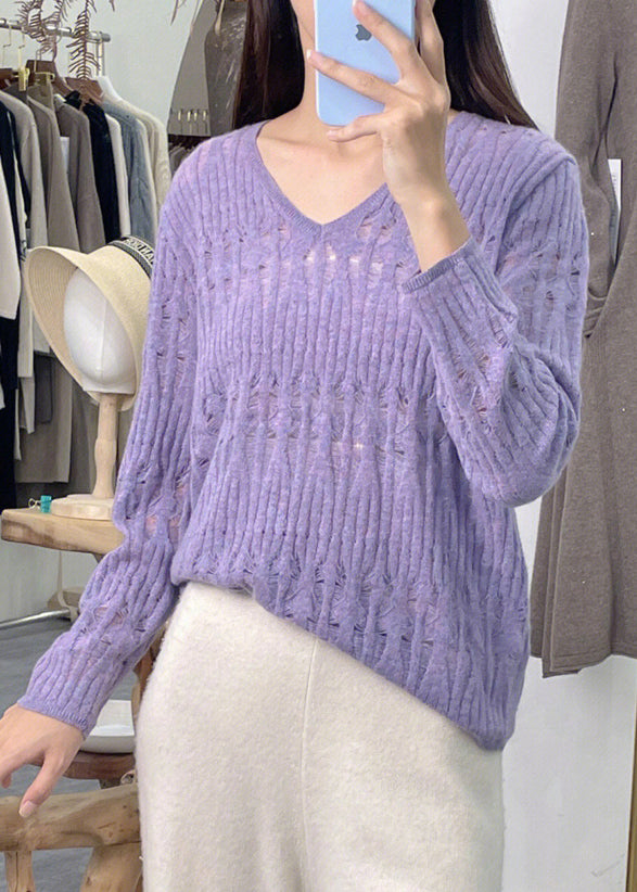 Loose White V Neck Hollow Out Patchwork Knit Top Long Sleeve