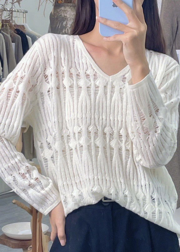 Loose White V Neck Hollow Out Patchwork Knit Top Long Sleeve