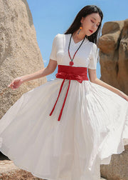 Loose White V Neck Patchwork Cotton Dress Short Sleeve