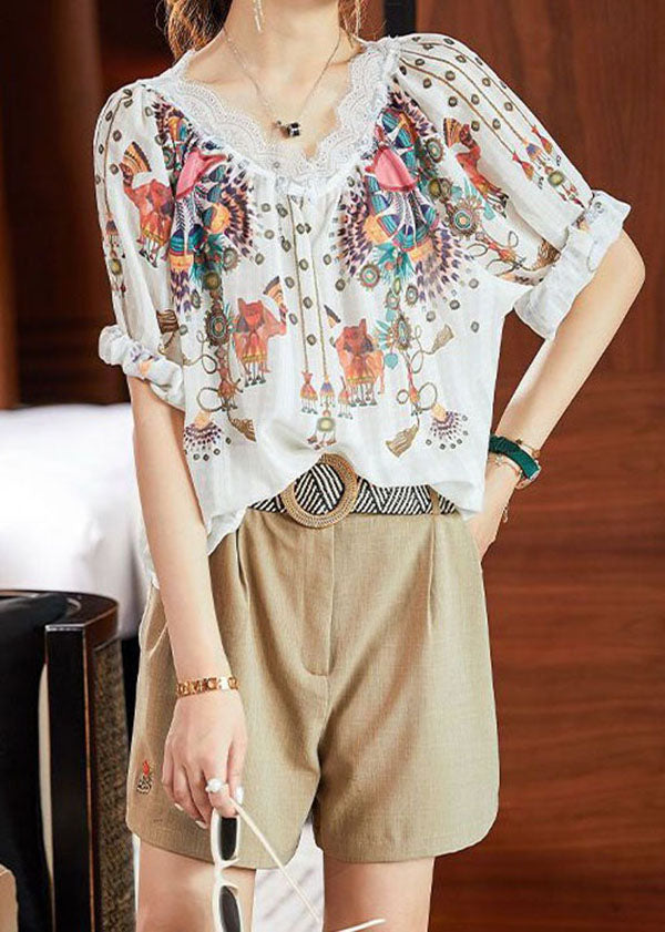 Loose White V Neck Print Lace Patchwork Chiffon Shirt Tops Summer