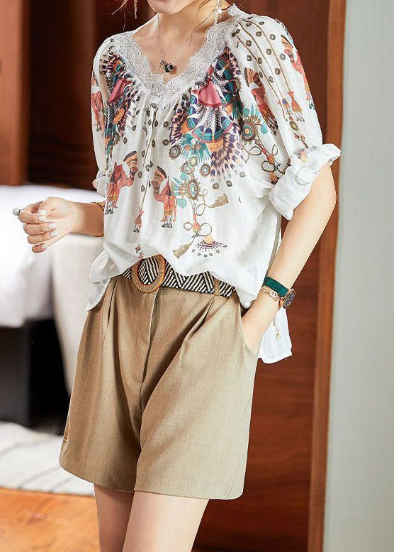 Loose White V Neck Print Lace Patchwork Chiffon Shirt Tops Summer
