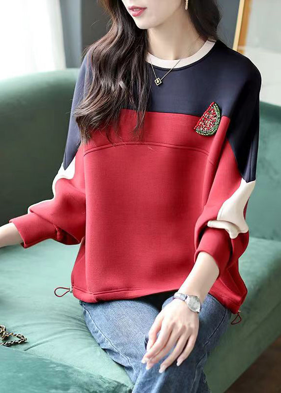 Loose Wine Red O-Neck Patchwork Sweatshirt Fall