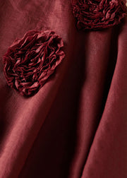 Loose Wine Red O-Neck Rose Floral Linen T Shirt Top Summer