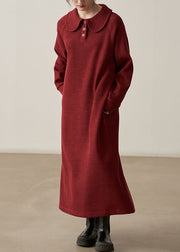 Loose Wine Red Pockets Cozy  Cotton Knit Long Dresses Fall