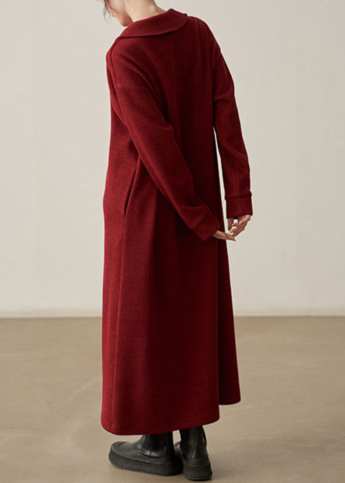 Loose Wine Red Pockets Cozy  Cotton Knit Long Dresses Fall