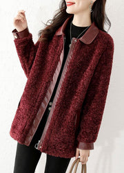 Loose Wine Red Zippered Patchwork Teddy Faux Fur Coat Winter