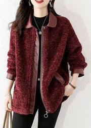 Loose Wine Red Zippered Patchwork Teddy Faux Fur Coat Winter