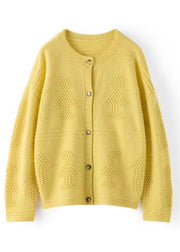 Loose Yellow Button Hollow Out  Cotton Knit Coats Long Sleeve