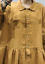Loose Yellow Button Peter Pan Collar Linen Shirt Dress Long Sleeve