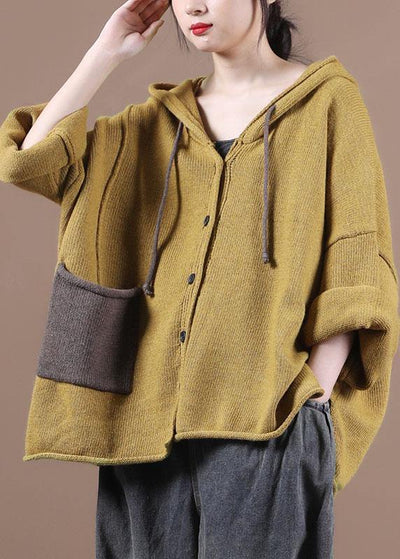 Loose Yellow Button Sweater Coat - SooLinen
