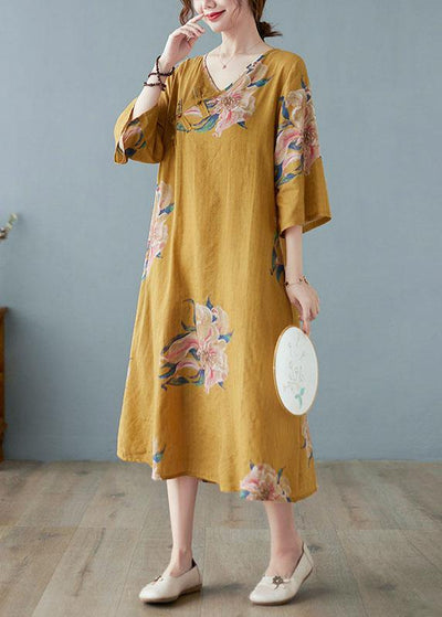 Loose Yellow Casual V Neck Print Summer Party Dresses Half Sleeve - SooLinen