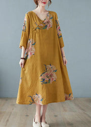Loose Yellow Casual V Neck Print Summer Party Dresses Half Sleeve - SooLinen