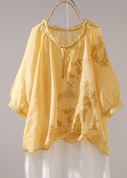 Loose Yellow Embroidered Ruffled Linen T Shirt Half Sleeve
