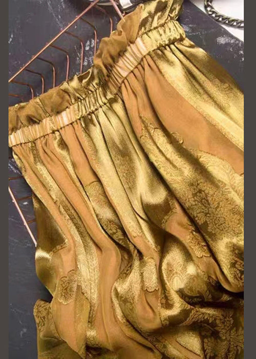 Loose Yellow Embroidered Elastic Waist Silk Skirt Fall
