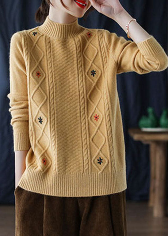 Loose Yellow Embroidered Floral Knit Sweaters Winter