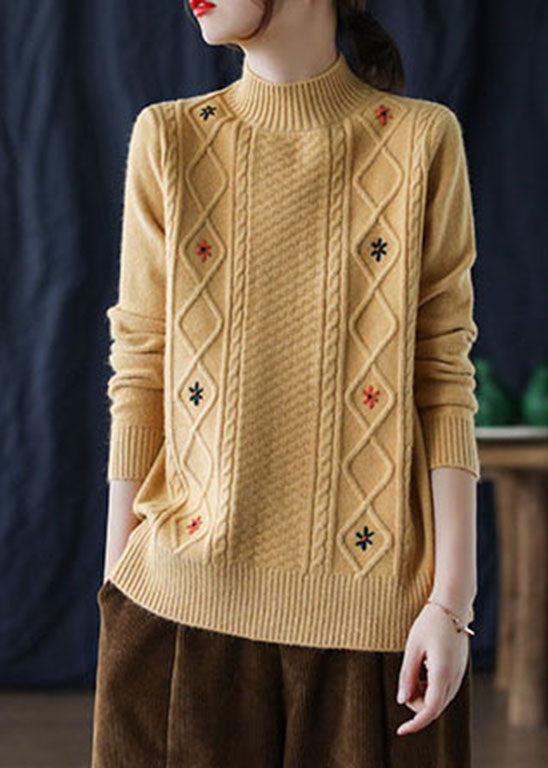 Loose Yellow Embroidered Floral Knit Sweaters Winter