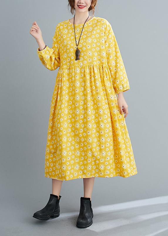 Loose Yellow Floral O Neck Cinched Art Spring Dresses - SooLinen