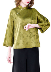 Loose Yellow Green Mandarin Collar Oriental Button Jacquard Silk Top Summer