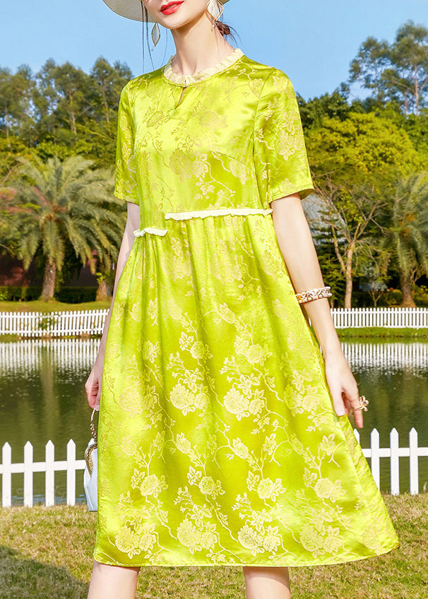 Loose Yellow Green Ruffled Patchwork Jacquard Silk Dress Short Sleeve