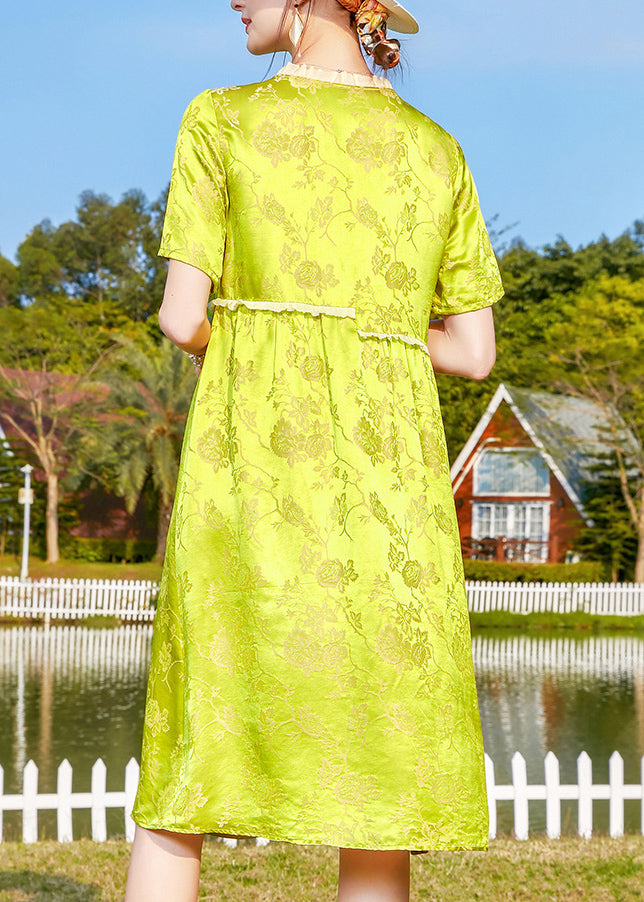 Loose Yellow Green Ruffled Patchwork Jacquard Silk Dress Short Sleeve