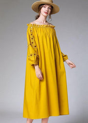 Loose Yellow Hollow Out Embroideried Fall Cotton Half Sleeve Dress - SooLinen