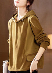 Loose Yellow Hooded Patchwork Cotton Sweatshirt Top Fall