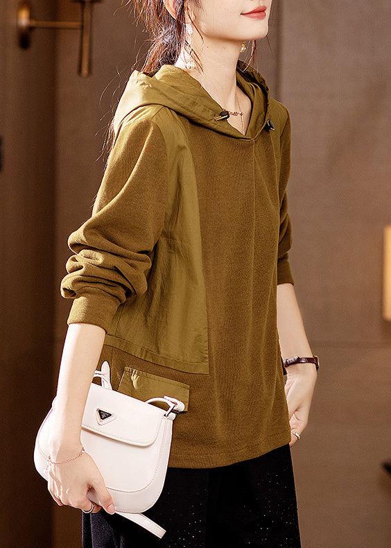 Loose Yellow Hooded Patchwork Cotton Sweatshirt Top Fall