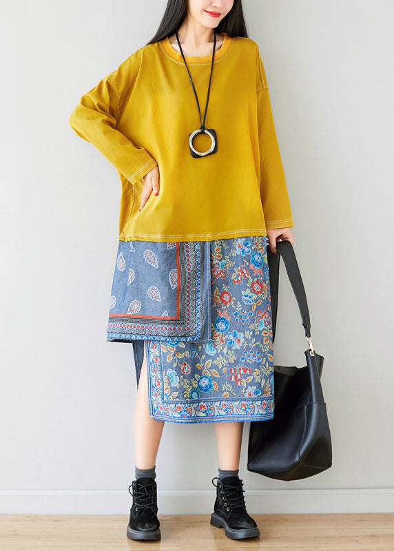 Loose Yellow O-Neck Asymmetrical Sweatshirt dresses Spring