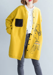 Loose Yellow O Neck Button Pockets Patchwork Thick Coat Fall