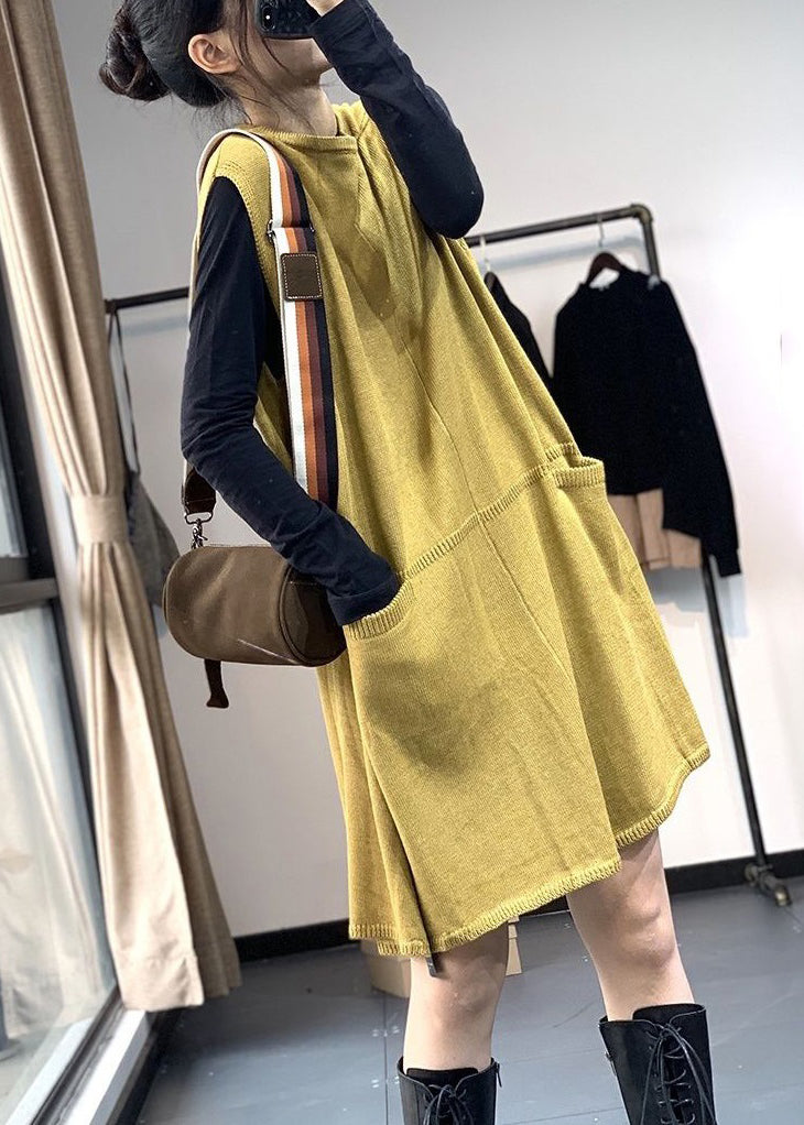 Loose Yellow O Neck Pockets Knitting Cotton Mid Dress Sleeveless