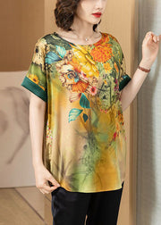 Loose Yellow O Neck Print Patchwork Silk T Shirt Summer