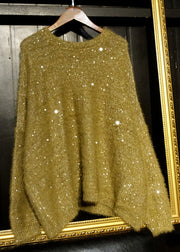 Loose Yellow O Neck Sequins Low High Design Knit Top Long Sleeve