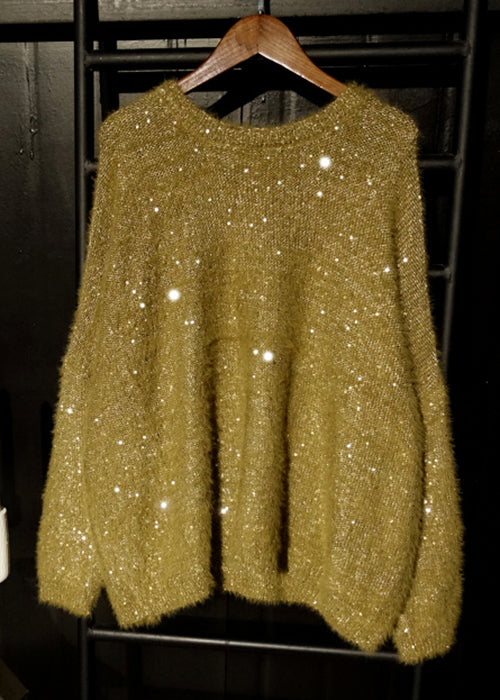 Loose Yellow O Neck Sequins Low High Design Knit Top Long Sleeve