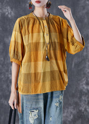 Loose Yellow Oversized Plaid Cotton Shirt Tops Half Sleeve