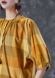 Loose Yellow Oversized Plaid Cotton Shirt Tops Half Sleeve