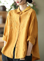 Loose Yellow Peter Pan Collar Embroidered Linen Shirts Long Sleeve