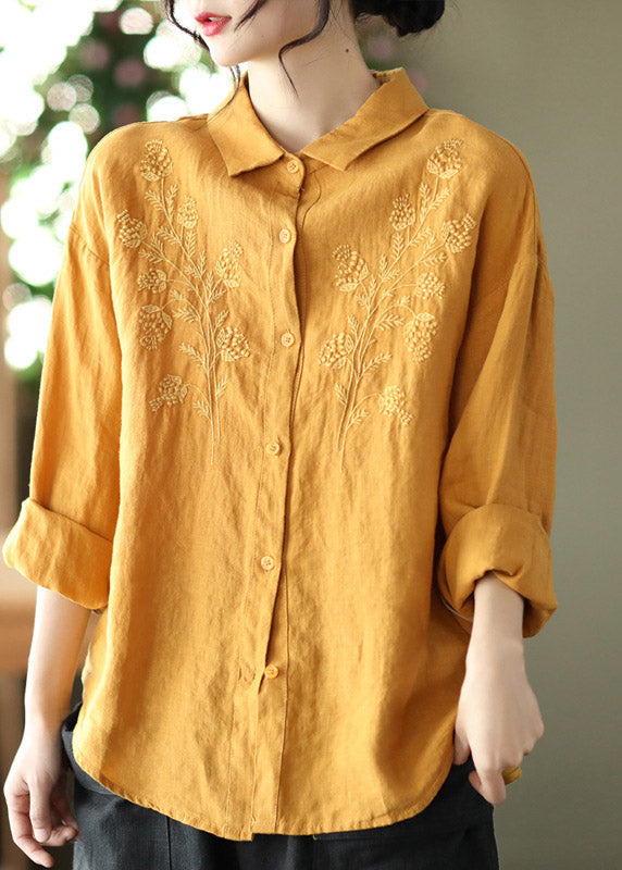 Loose Yellow Peter Pan Collar Embroidered Linen Shirts Long Sleeve
