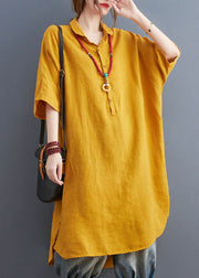 Loose Yellow Peter Pan Collar Patchwork Cotton Shirts Dress Summer