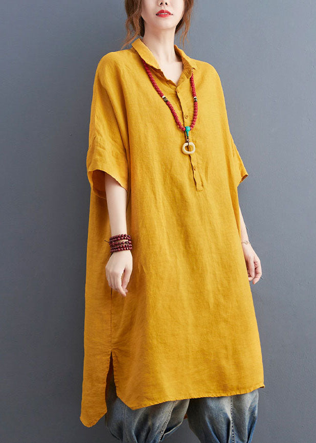 Loose Yellow Peter Pan Collar Patchwork Cotton Shirts Dress Summer