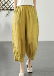 Loose Yellow Pockets Elastic Waist Linen Crop Pants Summer