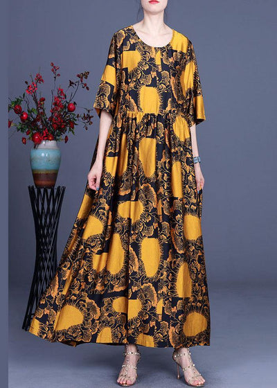 Loose Yellow Print Silk Loose Ankle Dress Summer - SooLinen
