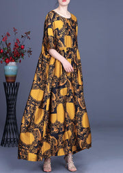 Loose Yellow Print Silk Loose Ankle Dress Summer - SooLinen