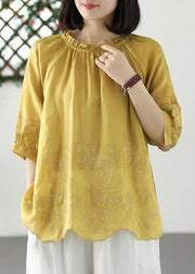 Loose Yellow Ruffled Embroideried Linen T Shirt Top Summer