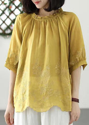 Loose Yellow Ruffled Embroideried Linen T Shirt Top Summer