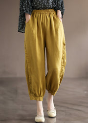 Loose Yellow Ruffled Pockets High Waist Linen Crop Pants Summer